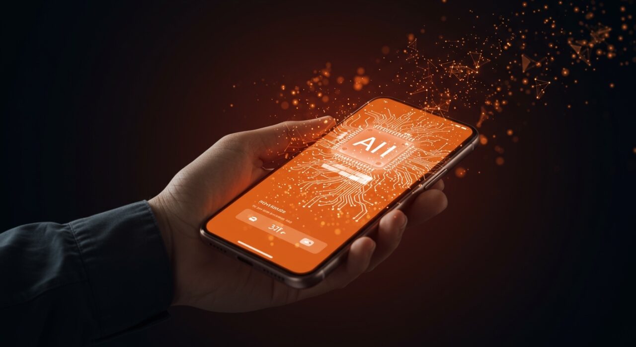 Interfaz holográfica de inteligencia artificial avanzada en un iPhone con Gemma 4 ejecutándose localmente para startups tecnológicas.