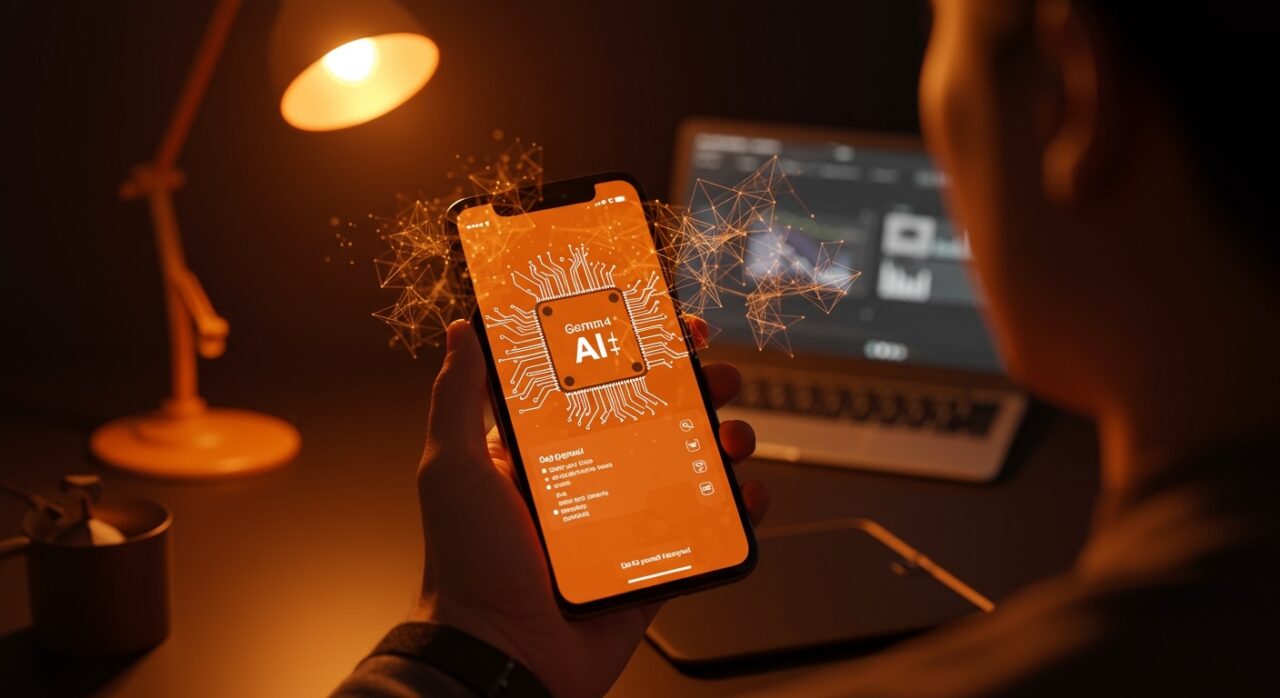 Interfaz de Gemma 4 en iPhone ilustrando IA open source local para startups LATAM con enfoque en privacidad y costo eficiente.