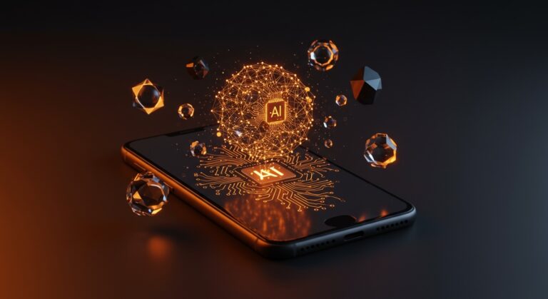 Dispositivo móvil con holograma de red neuronal simbolizando la IA local con Google Gemma 4 para apps móviles privadas y eficientes.