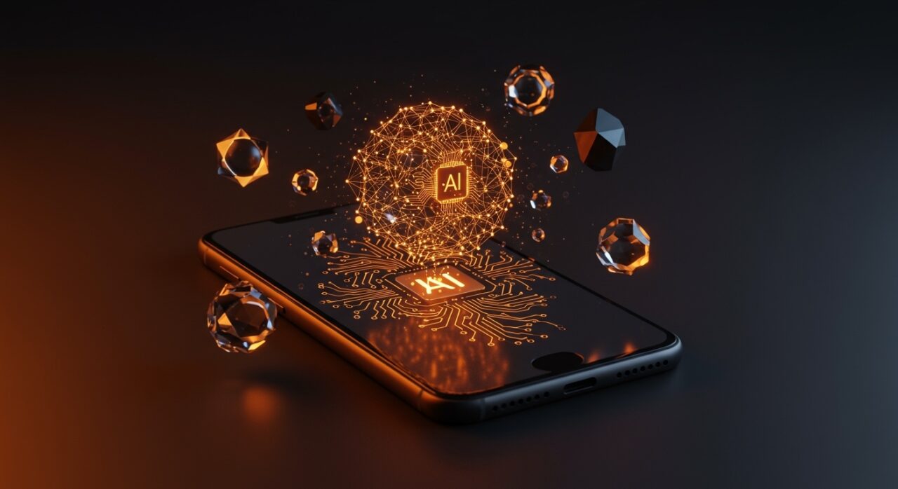 Dispositivo móvil con holograma de red neuronal simbolizando la IA local con Google Gemma 4 para apps móviles privadas y eficientes.