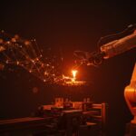 Brazo robótico iluminado en naranja realizando automatización con inteligencia artificial generalista para startups tech.