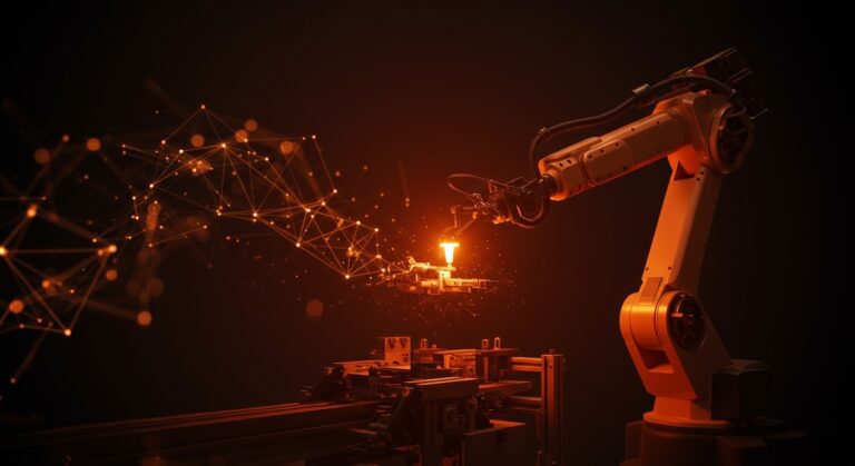 Brazo robótico iluminado en naranja realizando automatización con inteligencia artificial generalista para startups tech.