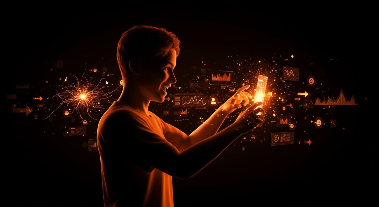 Joven de la Generación Z interactuando con tecnología de inteligencia artificial, reflejando el uso frecuente y el cambio en emociones según informe Gallup 2026.