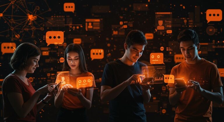 Generación Z usando chatbots de inteligencia artificial mostrando interés y escepticismo, representando tendencias tecnológicas y startups.