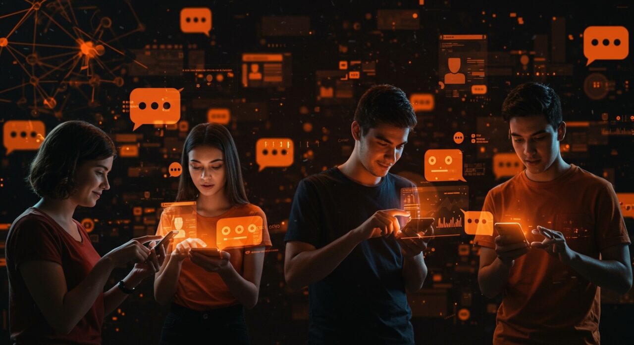 Generación Z usando chatbots de inteligencia artificial mostrando interés y escepticismo, representando tendencias tecnológicas y startups.