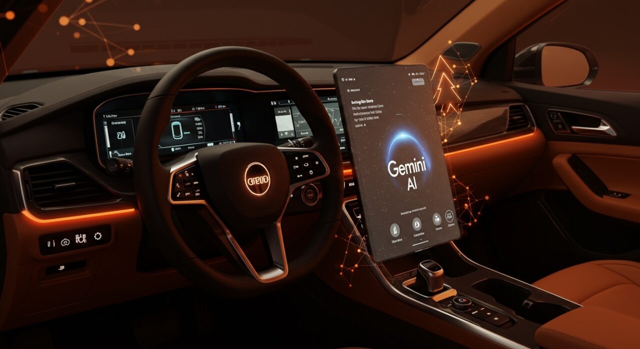 Vehículo General Motors con inteligencia artificial Google Gemini representando conducción autónoma y movilidad inteligente.