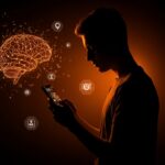 Rechazo de la generación Z a la inteligencia artificial ilustrado con redes neuronales digitales y símbolos de automatización en tonos naranja y negro.