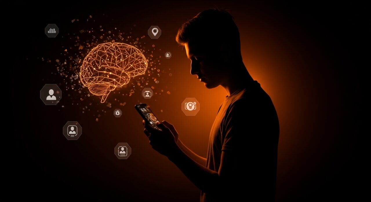 Rechazo de la generación Z a la inteligencia artificial ilustrado con redes neuronales digitales y símbolos de automatización en tonos naranja y negro.