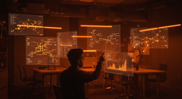 Fundador de startup usando interfaces visuales de Git para control de versiones y colaboración eficiente en equipos tecnológicos.