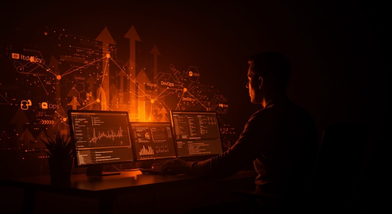 Incidentes de GitHub 2026 y lecciones para startups mostrando infraestructura SaaS resiliente y escalable en paleta naranja y negro.