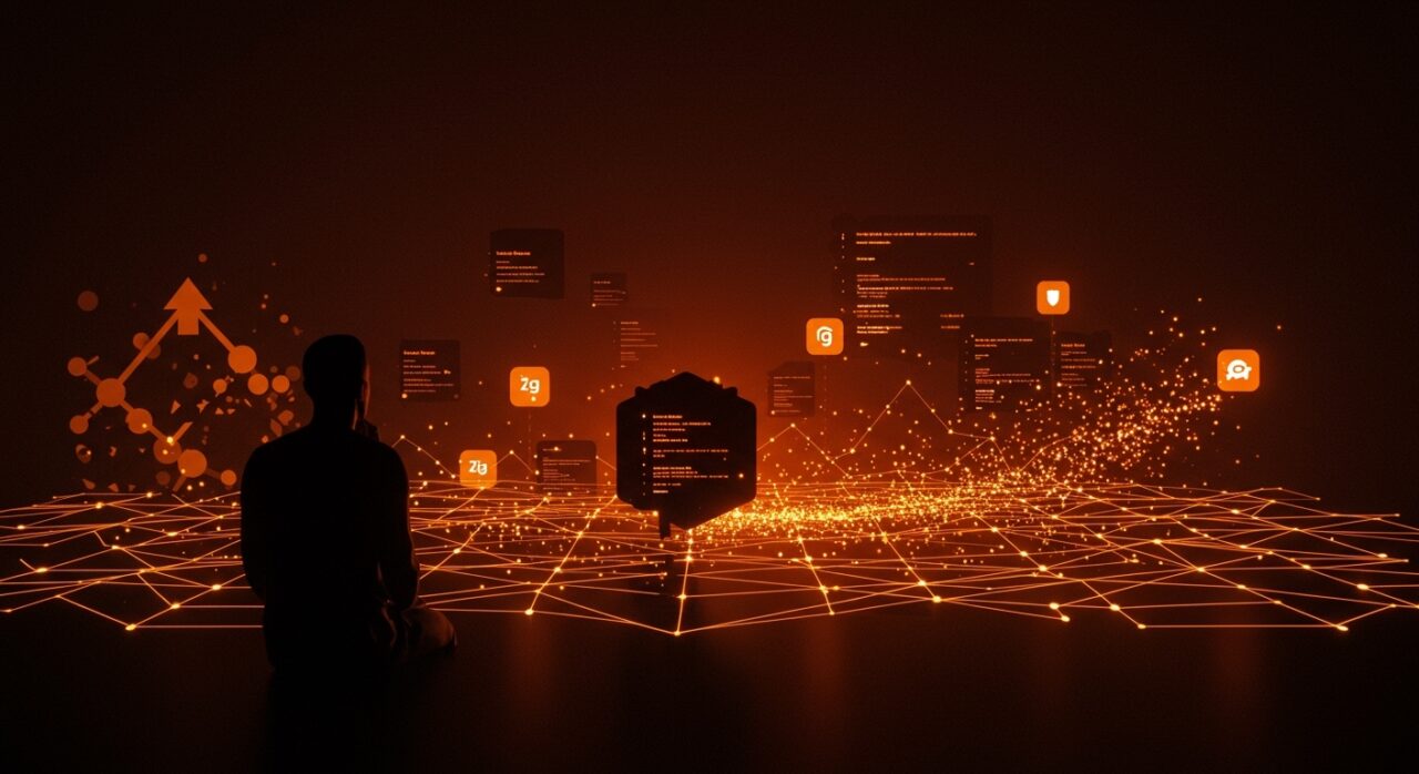 Founder startup frente a un horizonte digital con migración de proyectos clave desde GitHub hacia plataformas como Codeberg, simbolizando la dependencia tecnológica y las opciones para 2026.