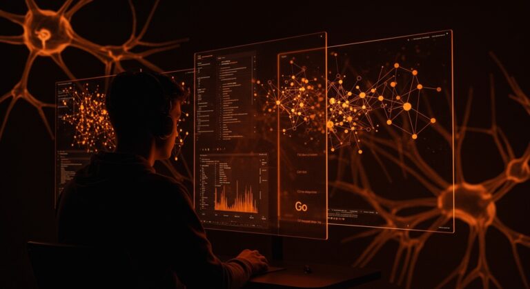 Desarrollador programando con árboles de comportamiento minimalistas en Go para automatización y AI reactiva, en estilo Ecosistema Startup.