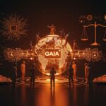 Representación visual de la gobernanza democrática de la inteligencia artificial con la Asamblea Global de IA (GAIA) y participación ciudadana en el contexto tecnológico latinoamericano.