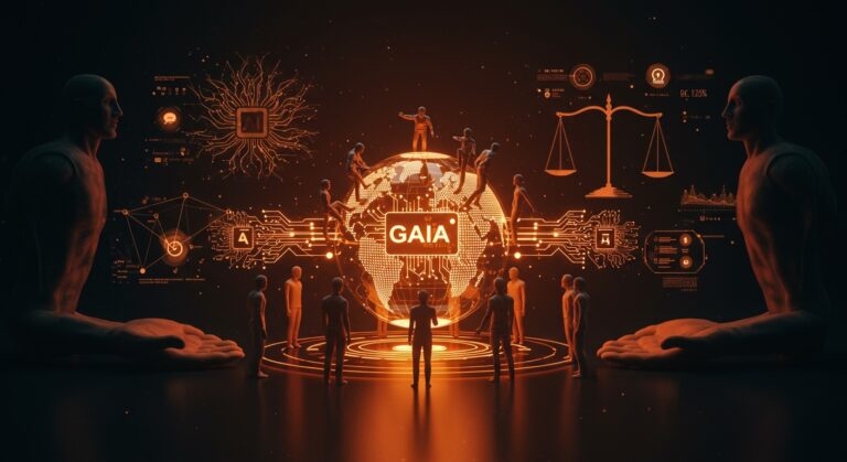 Representación visual de la gobernanza democrática de la inteligencia artificial con la Asamblea Global de IA (GAIA) y participación ciudadana en el contexto tecnológico latinoamericano.