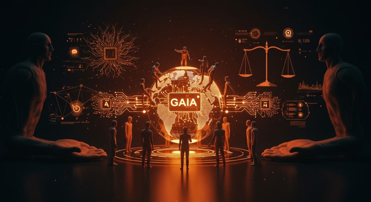 Representación visual de la gobernanza democrática de la inteligencia artificial con la Asamblea Global de IA (GAIA) y participación ciudadana en el contexto tecnológico latinoamericano.