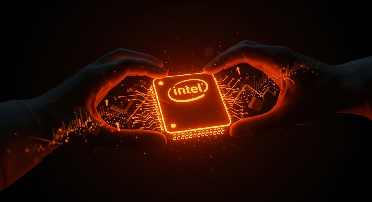 Representación simbólica de la inversión gubernamental en Intel y las lecciones de financiamiento estratégico para startups tech bajo la CHIPS Act.