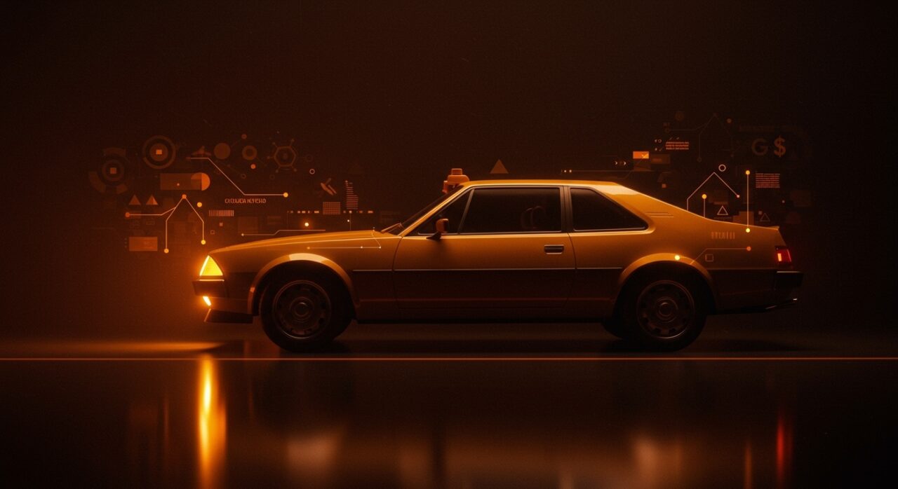 Golden Sahara, pionero coche autónomo con diseño vintage, simbolizando innovación tecnológica y movilidad en el ecosistema startup.