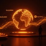 Inversión de Google de 40.000M en Anthropic simbolizada con fundador frente a globo digital y flujos de datos en paleta naranja y negro para startups IA 2026.