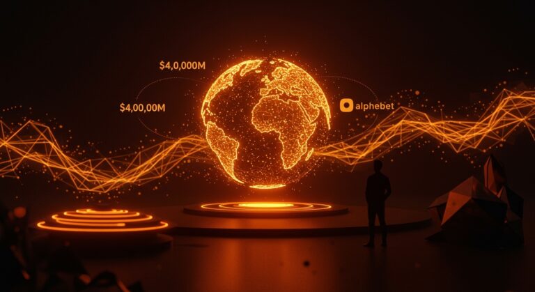 Inversión de Google de 40.000M en Anthropic simbolizada con fundador frente a globo digital y flujos de datos en paleta naranja y negro para startups IA 2026.