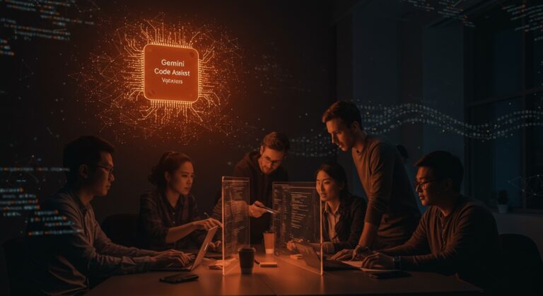 Fundadores de startups analizando código generado por IA con la asistencia de Google Gemini, destacando la automatización en desarrollo de software.