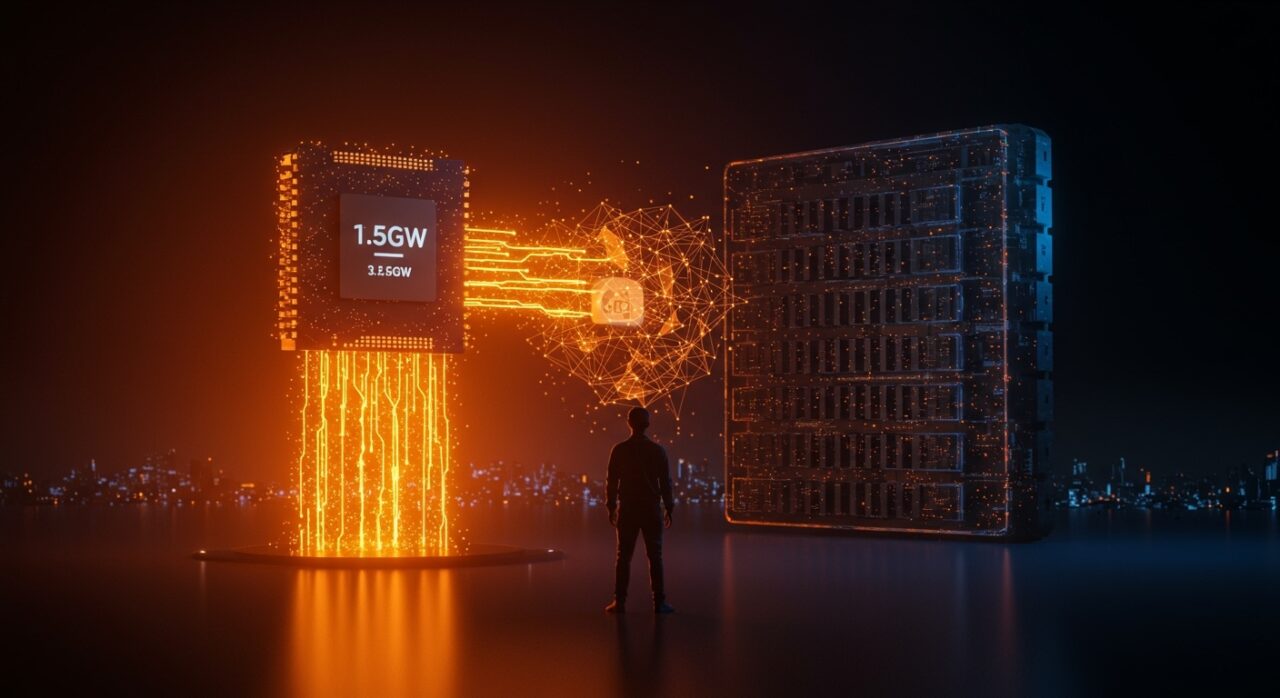 Fundador de IA frente a un núcleo de datos iluminado que simboliza la inversión Google-Anthropic y el poder computacional para startups en LATAM y España.