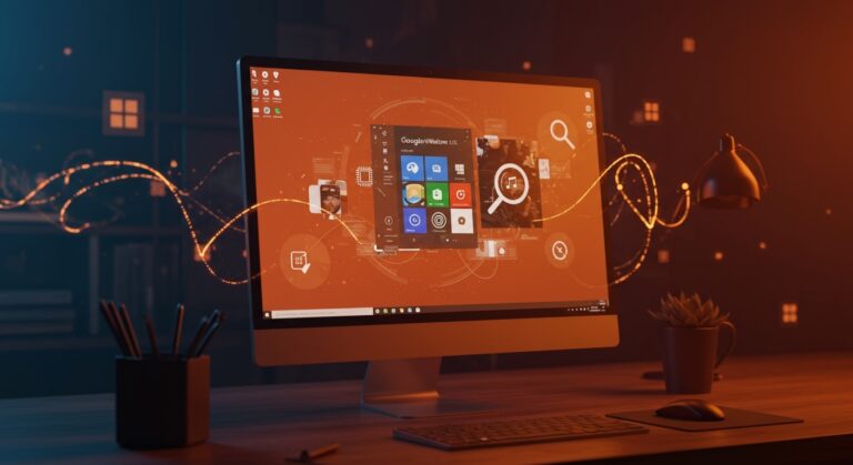 Interfaz de la app de escritorio Google para Windows con IA y Google Lens, destacando productividad integrada y competencia con Microsoft Copilot.