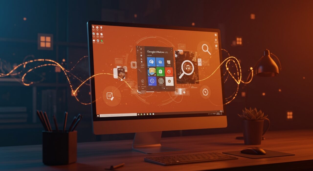 Interfaz de la app de escritorio Google para Windows con IA y Google Lens, destacando productividad integrada y competencia con Microsoft Copilot.