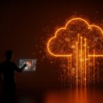 Fundador de startup frente a una interfaz digital de Google Cloud con metáforas visuales de capacidad limitada e infraestructura AI para escalamiento de startups.