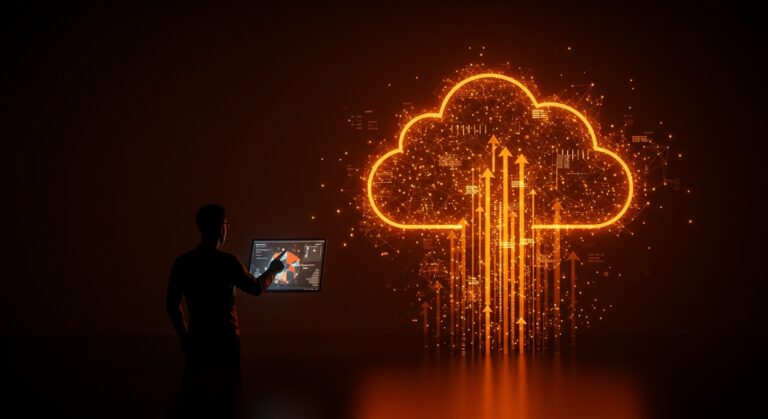 Fundador de startup frente a una interfaz digital de Google Cloud con metáforas visuales de capacidad limitada e infraestructura AI para escalamiento de startups.