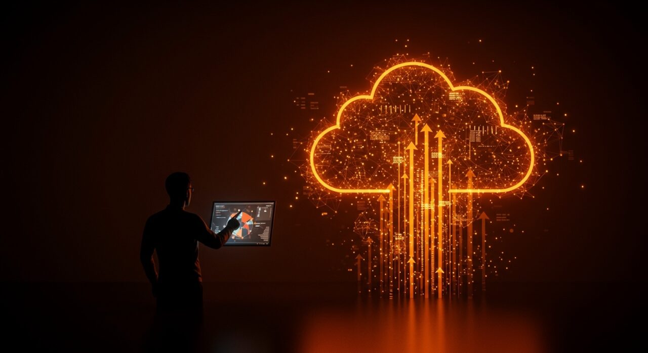 Fundador de startup frente a una interfaz digital de Google Cloud con metáforas visuales de capacidad limitada e infraestructura AI para escalamiento de startups.