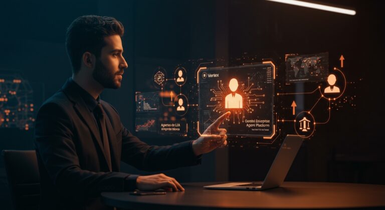 Ilustración de agente empresarial interactuando con la plataforma Gemini Enterprise Agent Platform en Google Cloud, destacando migración y pilares técnicos para startups.