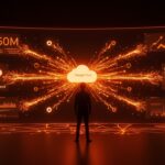 Founder startup frente a pantalla digital con redes de IA agéntica y visualizaciones del fondo Google Cloud de 750M dólares para inversión tecnológica.