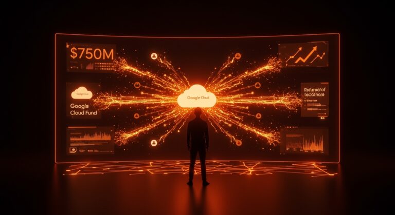 Founder startup frente a pantalla digital con redes de IA agéntica y visualizaciones del fondo Google Cloud de 750M dólares para inversión tecnológica.