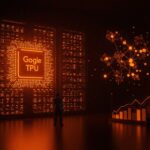 Infraestructura de IA de Google con millones de TPUs iluminadas en naranja destacando el control global y su impacto en startups tecnológicas.