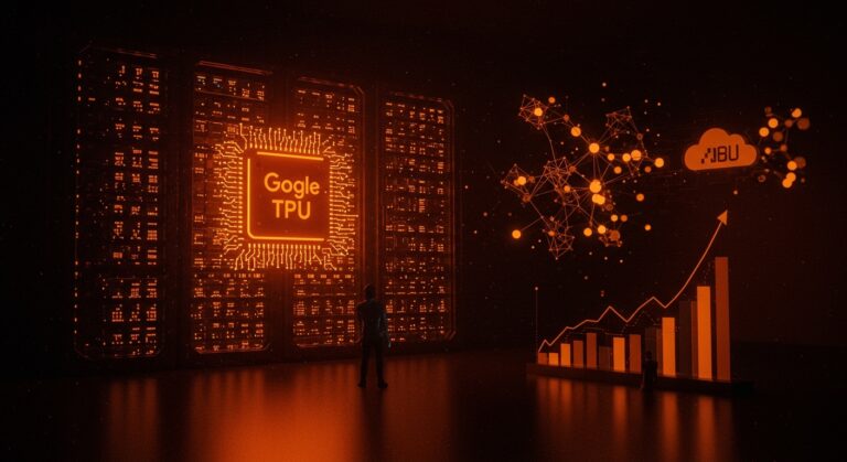 Infraestructura de IA de Google con millones de TPUs iluminadas en naranja destacando el control global y su impacto en startups tecnológicas.