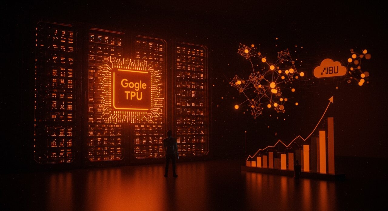 Infraestructura de IA de Google con millones de TPUs iluminadas en naranja destacando el control global y su impacto en startups tecnológicas.