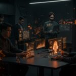 Equipo de founders de IA colaborando en un entorno futurista con interfaces holográficas de IA de Google DeepMind usando Claude, ilustrando adopción de herramientas IA y productividad en startups.