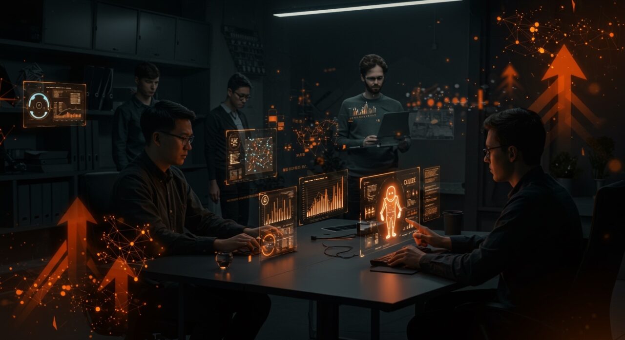 Equipo de founders de IA colaborando en un entorno futurista con interfaces holográficas de IA de Google DeepMind usando Claude, ilustrando adopción de herramientas IA y productividad en startups.