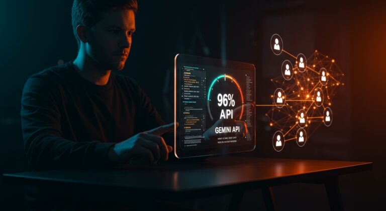 Developer working with Google Gemini API and Agent Skills showcasing IA precision at 96% in an advanced digital environment with Ecosistema Startup colors.