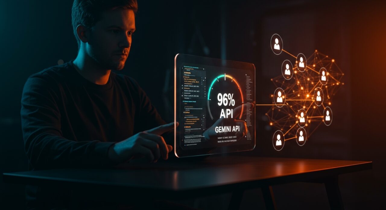 Developer working with Google Gemini API and Agent Skills showcasing IA precision at 96% in an advanced digital environment with Ecosistema Startup colors.
