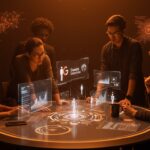 Fundadores de startups colaborando con hologramas de Google Gemini Enterprise y agentes IA en un entorno futurista durante Google Cloud Next 2026.