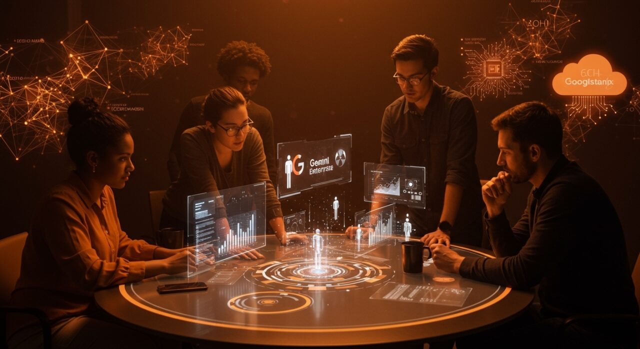 Fundadores de startups colaborando con hologramas de Google Gemini Enterprise y agentes IA en un entorno futurista durante Google Cloud Next 2026.