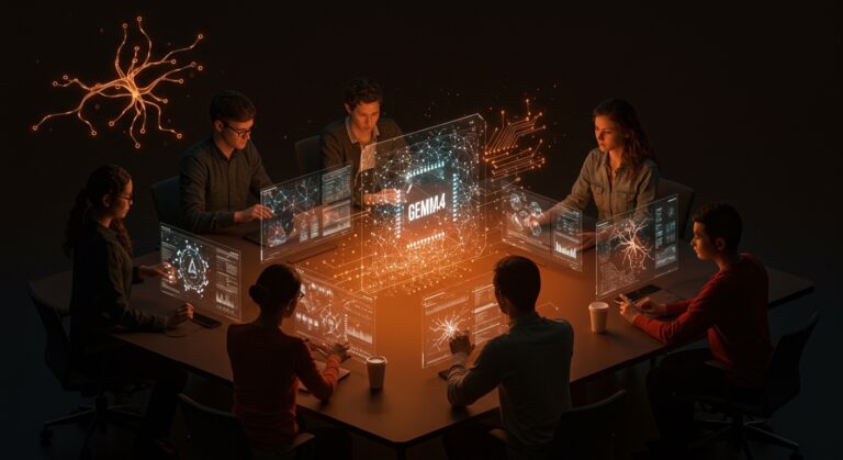 Modelos IA abiertos Gemma 4 de Google para startups con colaboración tecnológica en ambiente futurista en tonos naranja y negro.