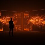 Debate sobre la adopción de inteligencia artificial en startups con visualización de redes neuronales y fundador tecnológico en contraste naranja y negro.