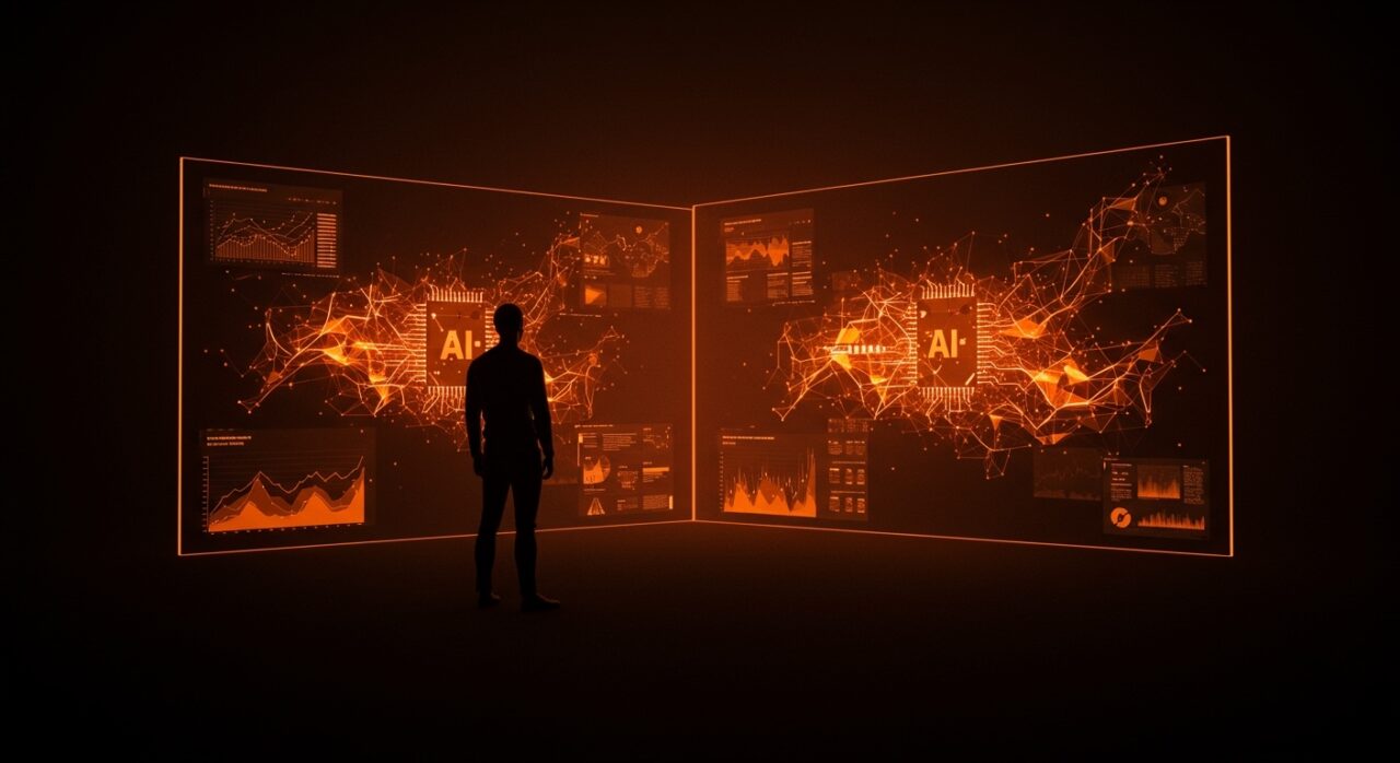 Debate sobre la adopción de inteligencia artificial en startups con visualización de redes neuronales y fundador tecnológico en contraste naranja y negro.