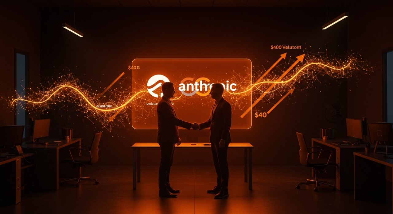 Inversión de Google en Anthropic destacada en un encuentro estratégico con metáforas visuales de inteligencia artificial y crecimiento tecnológico.