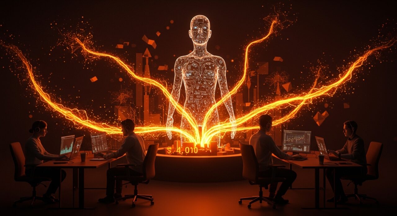 Inversión de Google en Anthropic representada por fundadores de startups de IA colaborando frente a interfaces digitales con flujo energético naranja, ilustrando impacto en el ecosistema startup.