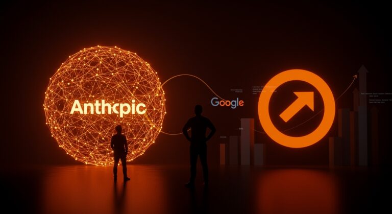 Inversión de Google en Anthropic representada con fundador de startup y conexiones digitales en ecosistema de IA.