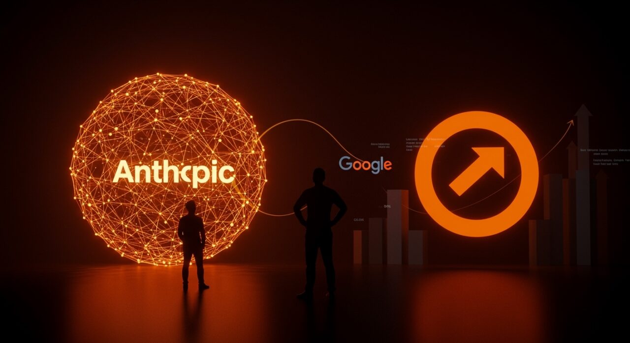 Inversión de Google en Anthropic representada con fundador de startup y conexiones digitales en ecosistema de IA.