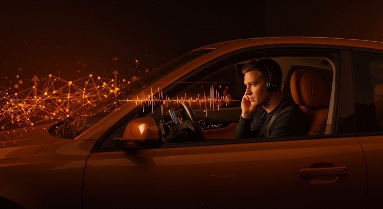 Founder usando Google Meet en CarPlay para reuniones de audio seguras y movilidad tech en startups.